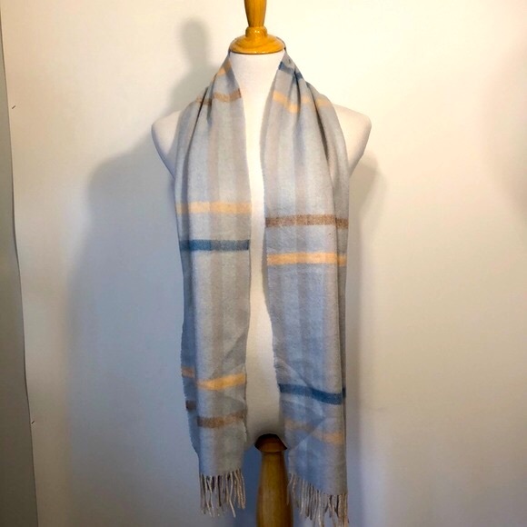 BOHO-Pastel Gray,Blue & Cream Plaid Cashmere Blend Fringed Scarf - Picture 5 of 7